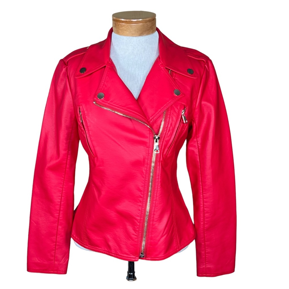 V Cristina Faux Red Leather Moto Jacket With Gold Colored Hardware Small…